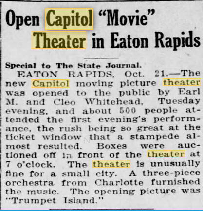 Capitol Theatre - 21 Oct 1920 Opening Announcement